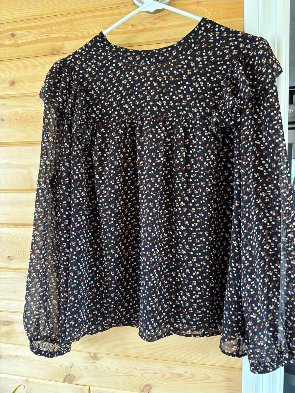 Madewell Black Floral Ruffle Long-Sleeve Blouse
